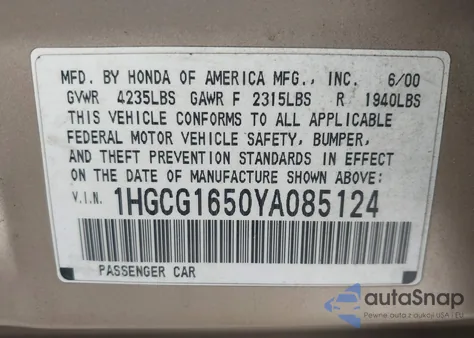 2000 Honda Accord 3.0 Ex from USA, damaged, VIN 1HGCG1650YA085124